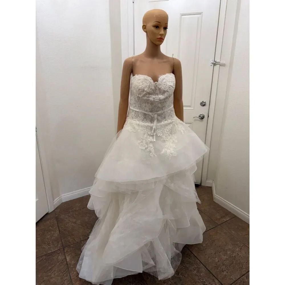 Oleg Cassini Size 16 W Ivystone White Strapless Lace Wedding Dress Layered Train - Picture 2 of 16